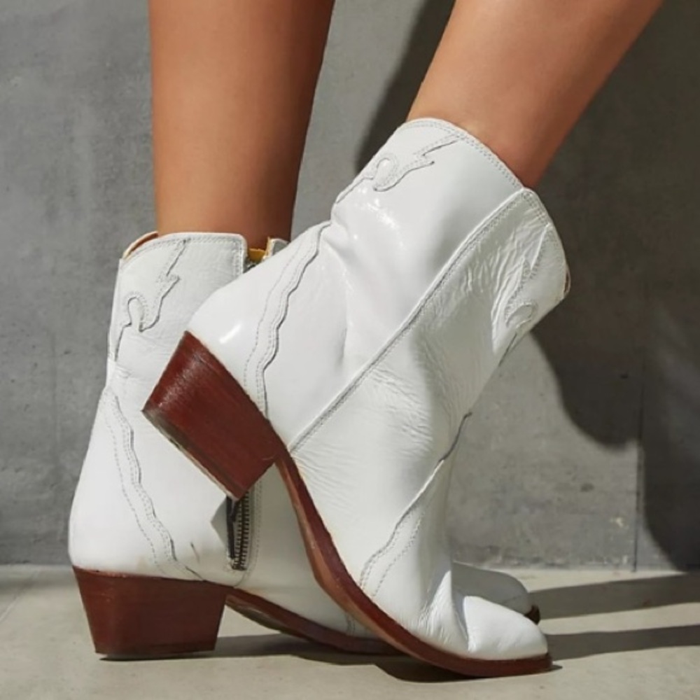 Free People White Leather Western Ankle Boots with Brown Heel